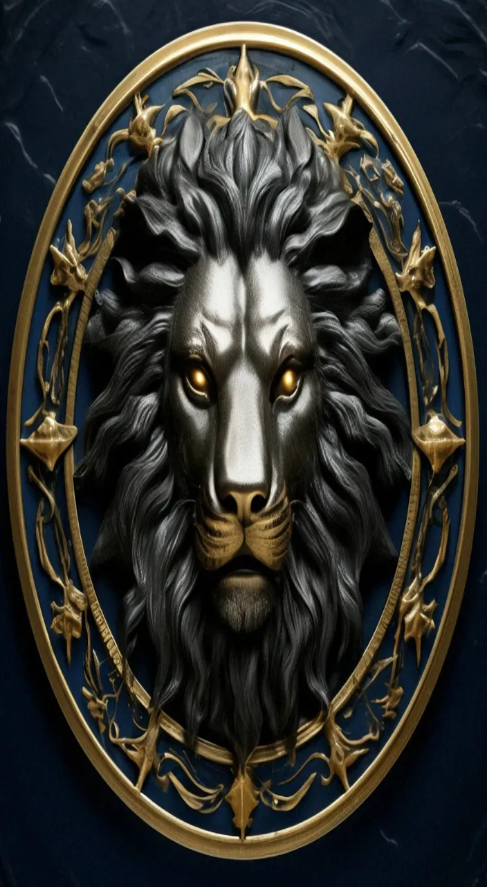 a lion's head with a golden frame around it