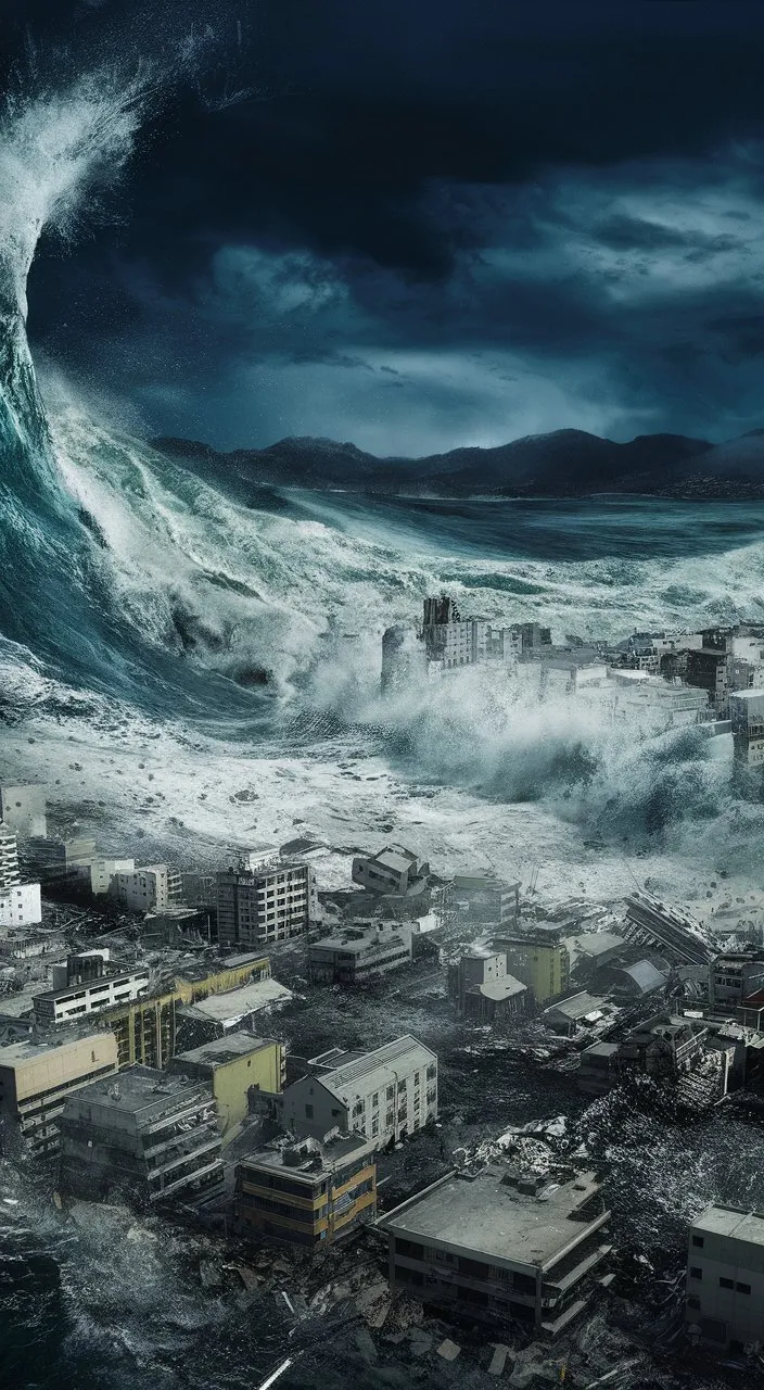 a large wave crashing over a city in the ocean