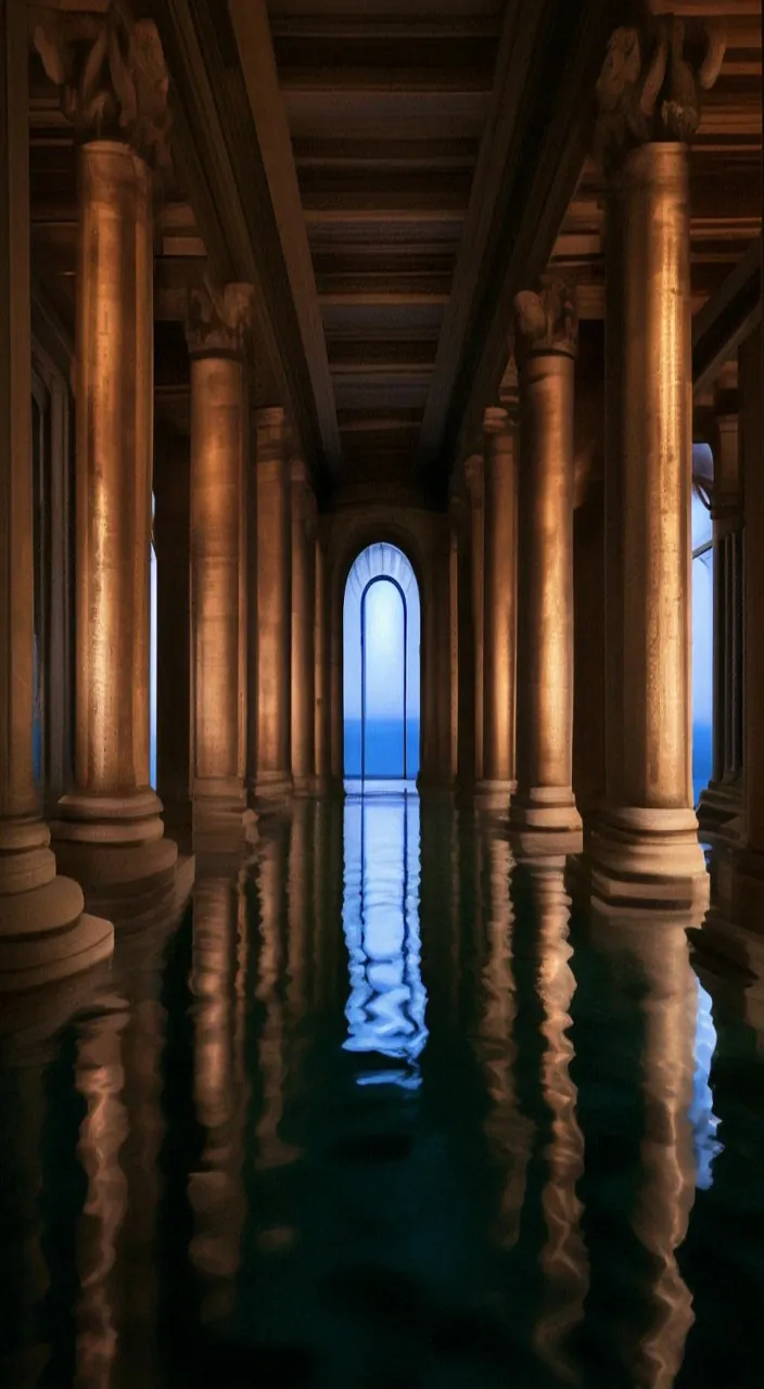 a long hallway with columns and a pool in the middle