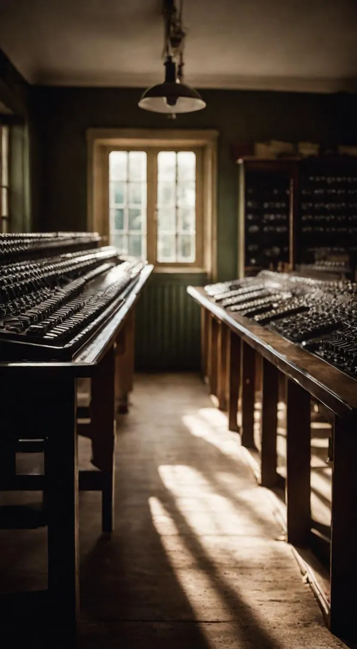 a row of wooden tables sitting in a room