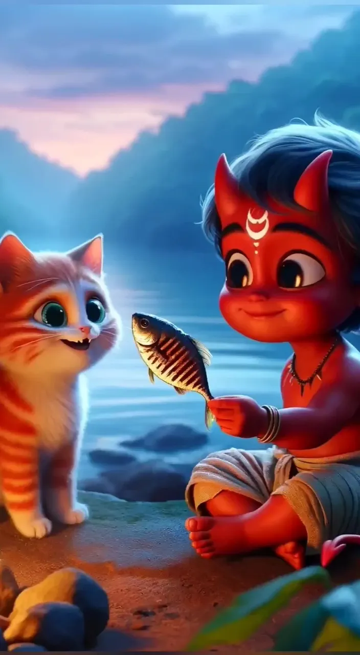 a painting of a cat and a demon holding a fish