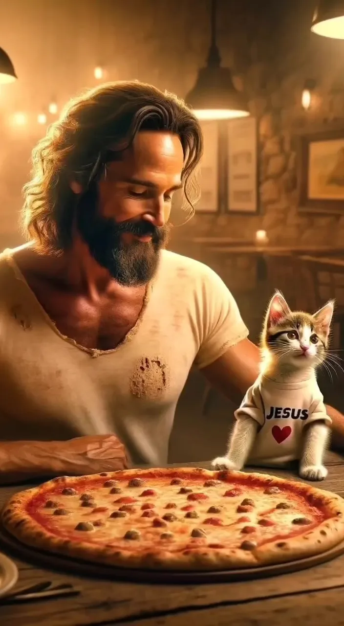 a man with a cat looking at a pizza