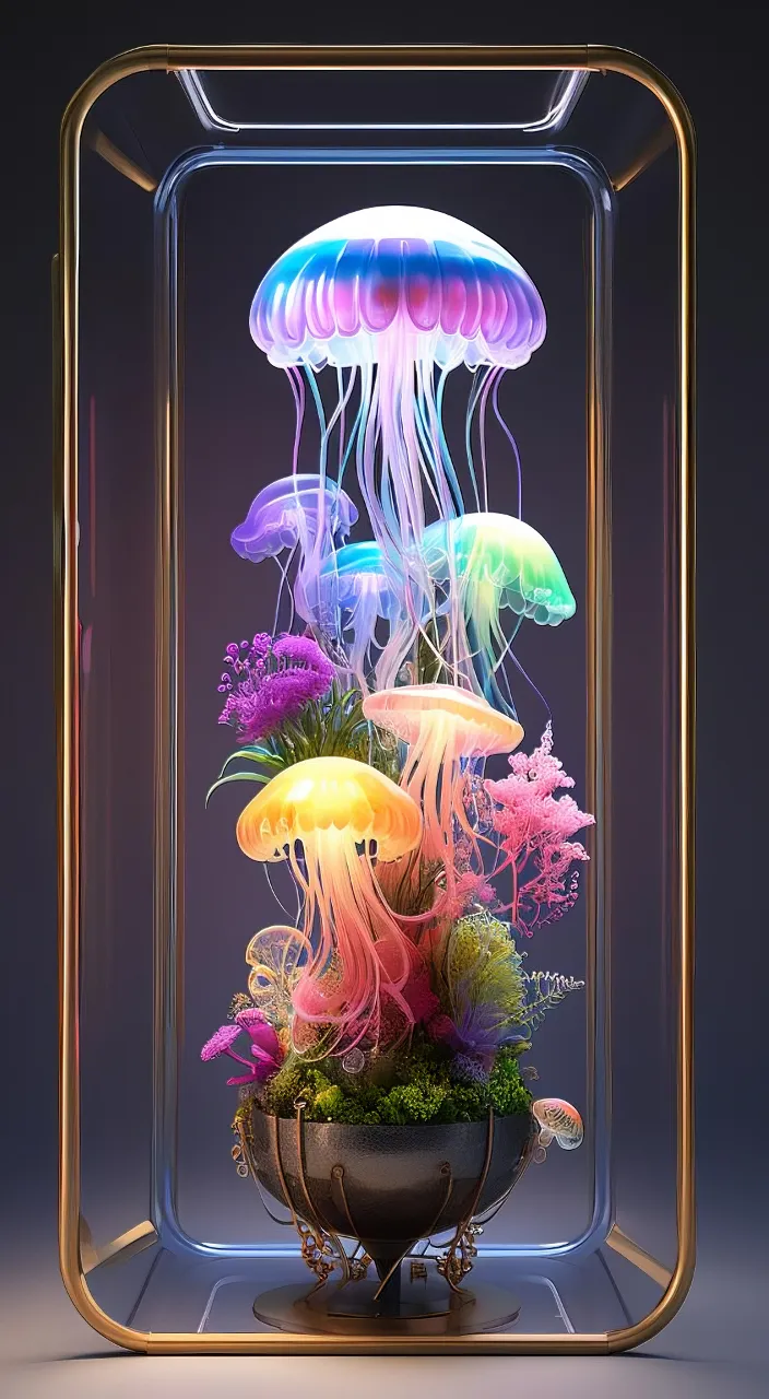 a group of jellyfish in a glass case