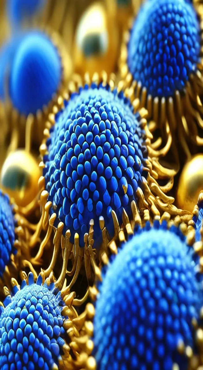 a bunch of blue and gold balls on a table