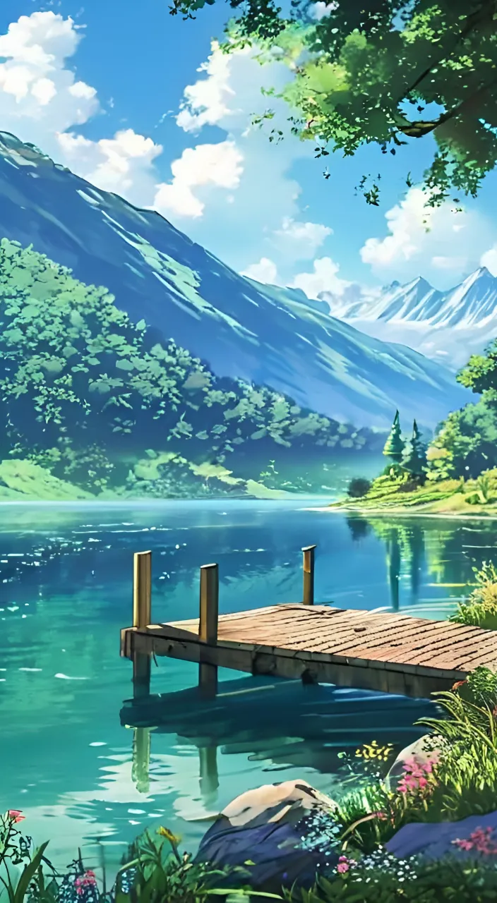 a painting of a mountain lake with a dock