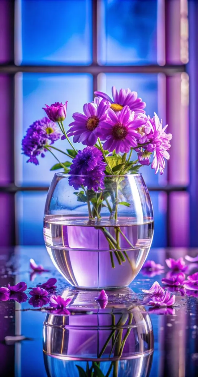 a vase filled with purple flowers sitting on top of a table