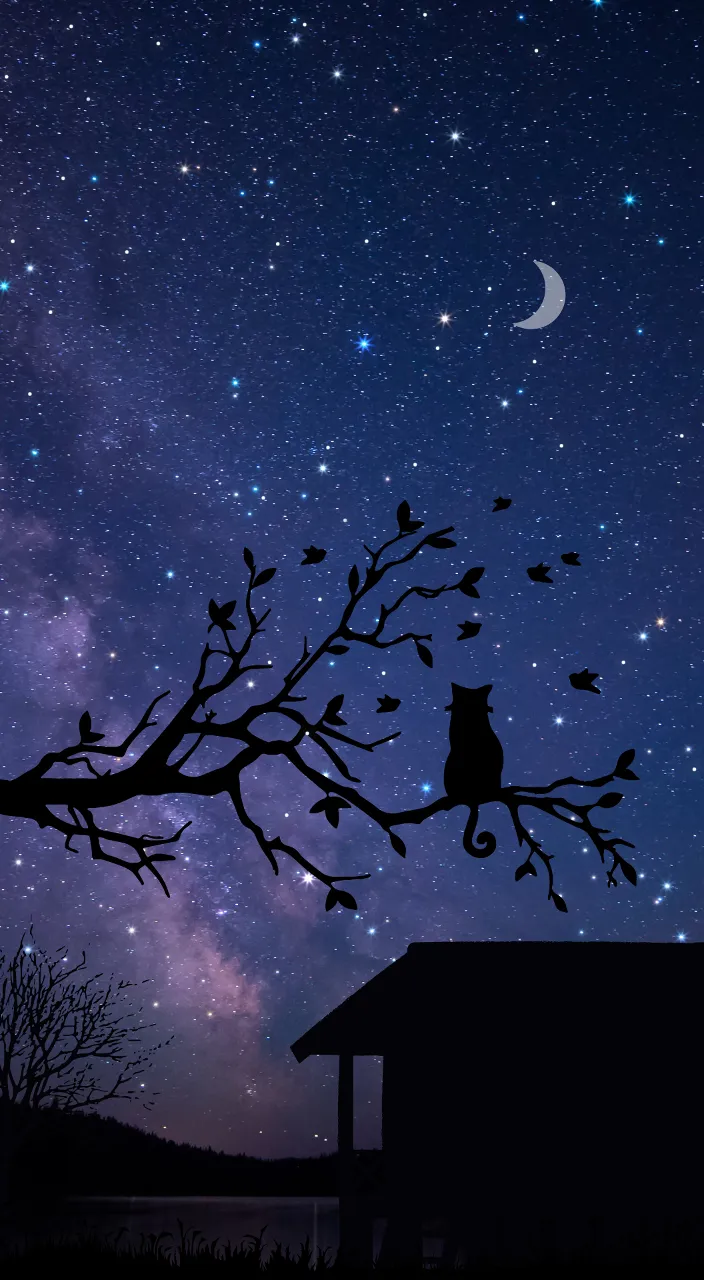 an owl sitting on a tree branch with the night sky in the background