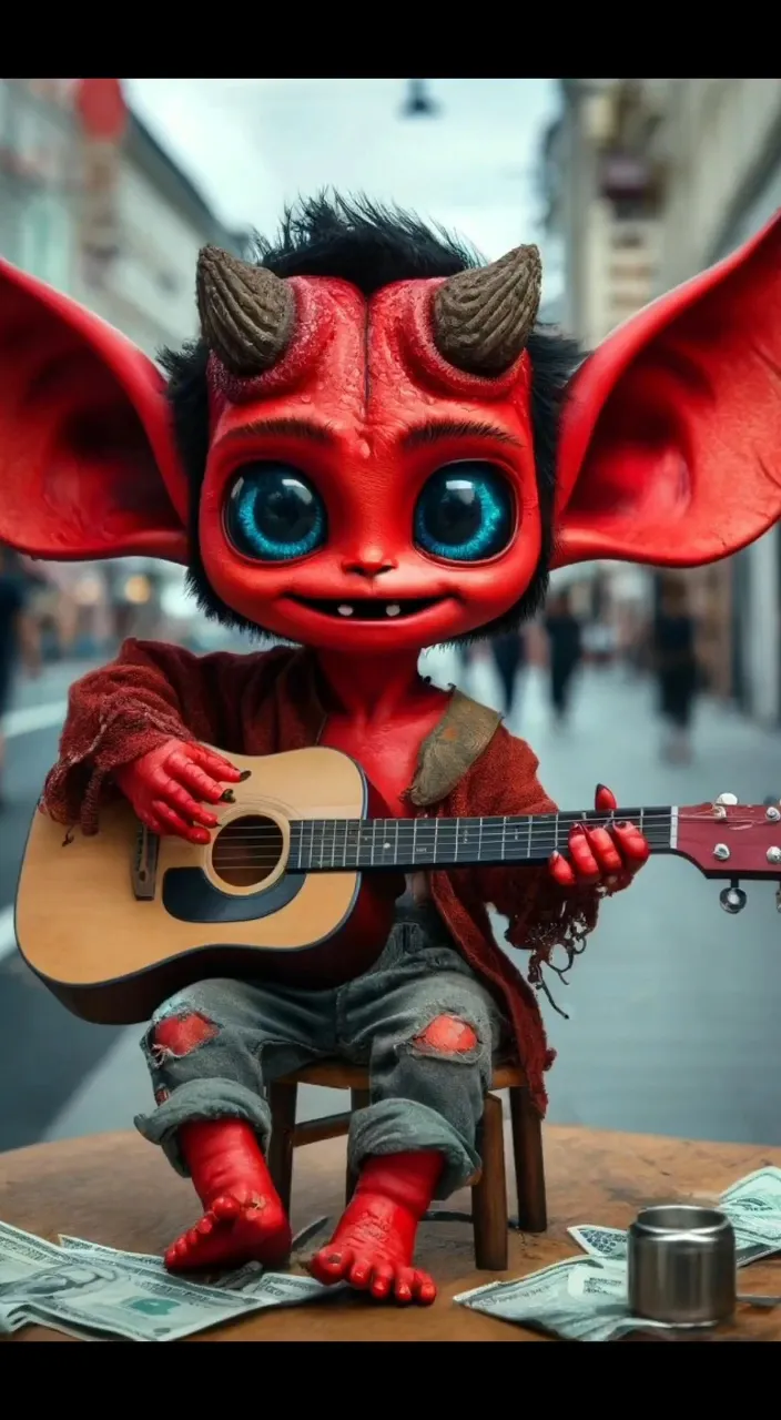 a little red demon with big blue eyes playing a guitar