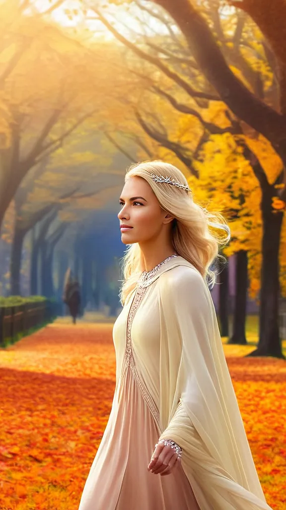 a woman in a dress is walking through a park