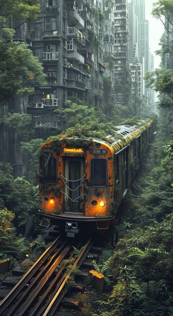 a train traveling through a lush green forest