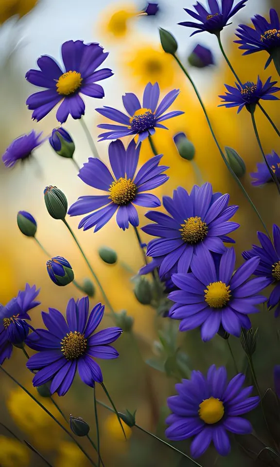 a field full of purple and yellow flowers