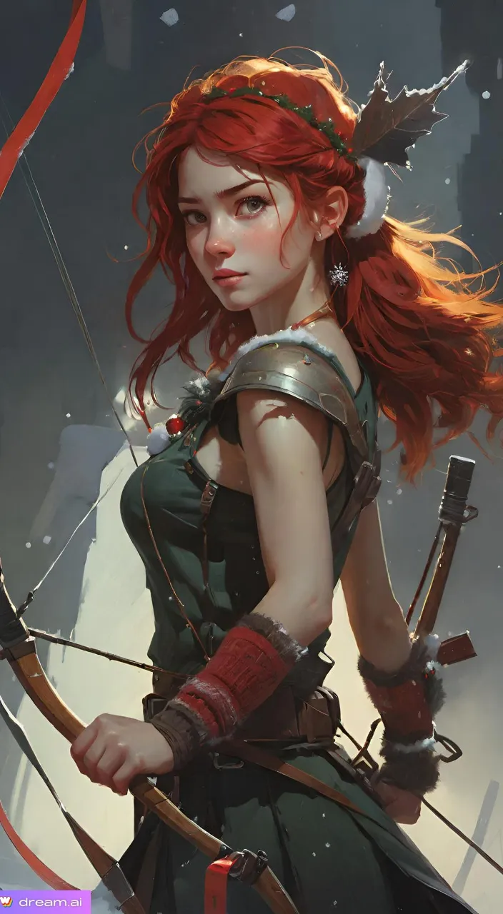 a woman with red hair holding a bow and arrow