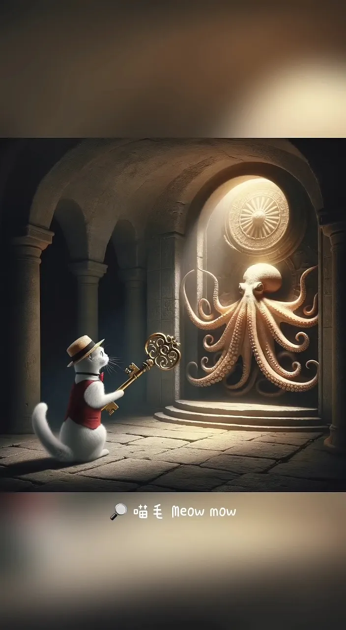 a cartoon character holding a key in front of an octopus