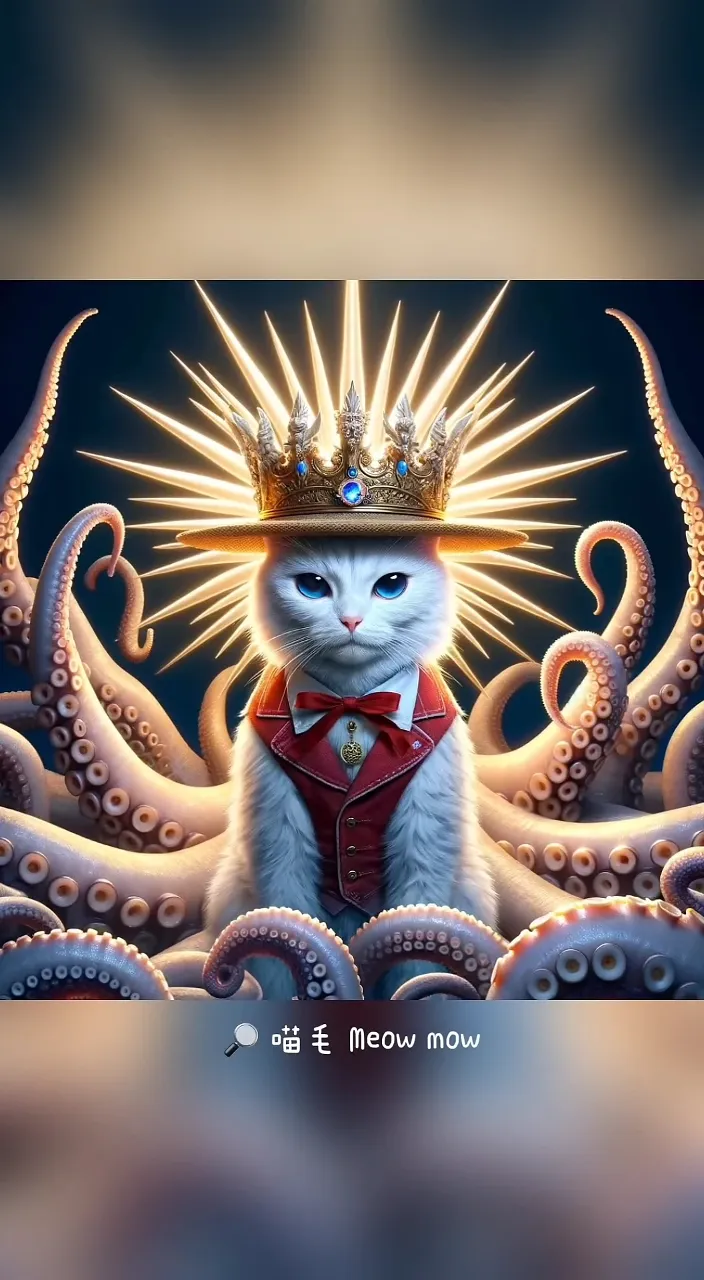 a cat wearing a crown sitting on top of an octopus