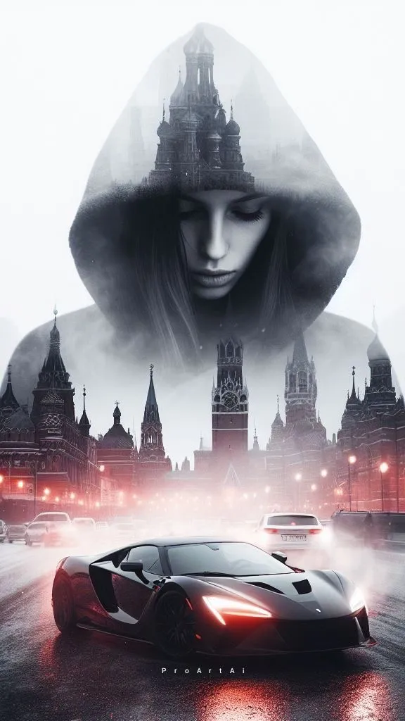 a poster of a woman with a hood on and a car in front of her