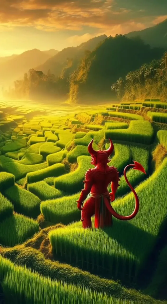 a red demon standing in the middle of a green field