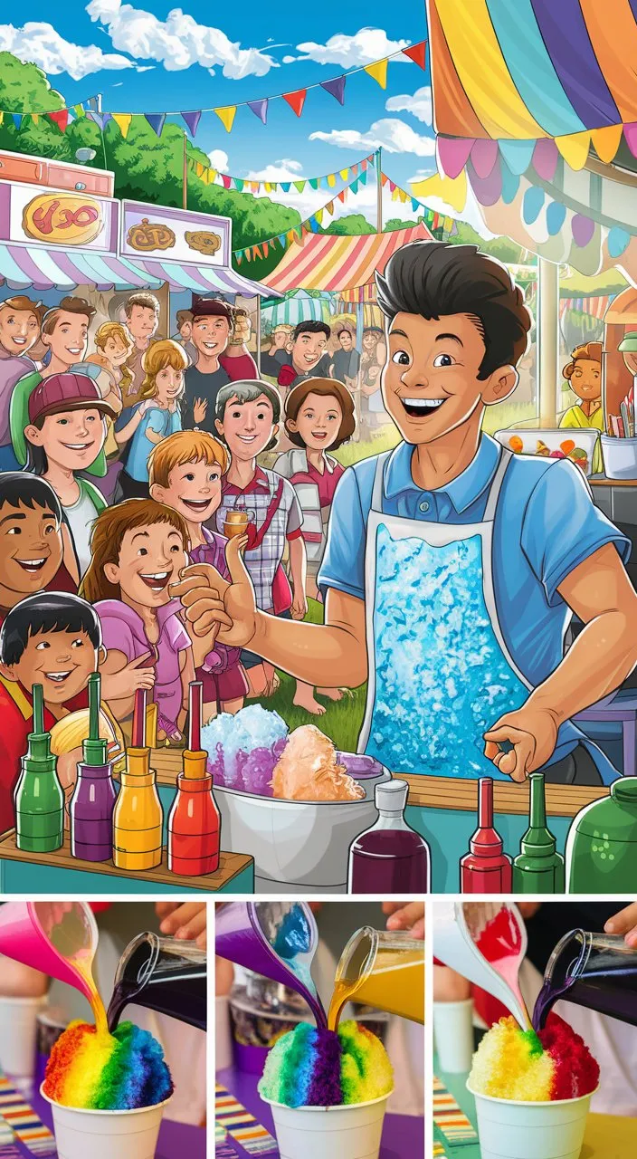 A lively summer fair with colorful stalls, vibrant banners and clear blue skies.   Main character: A young, energetic salesman (possibly a teenager) with a bright smile and an apron decorated with crushed ice patterns.  Customers: a diverse group of children and adults eagerly line up.  Items: Shaved ice stand with a variety of syrups and condiments on display.  Action: The scene opens with a wide shot of the fair, focusing on the shaved ice stand.  The camera zooms in on the vendor as he deftly shaves ice into cups and pours vibrant syrups over them.  Close-ups of the colorful flavors being poured, creating a rainbow swirl.  Customers react with joy as they receive their treats, highlighting the excitement and joy of the scene.