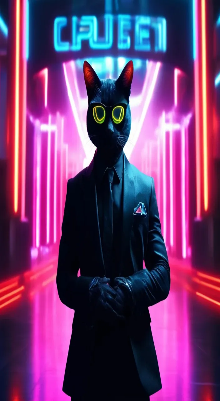 a black cat in a suit and neon lights