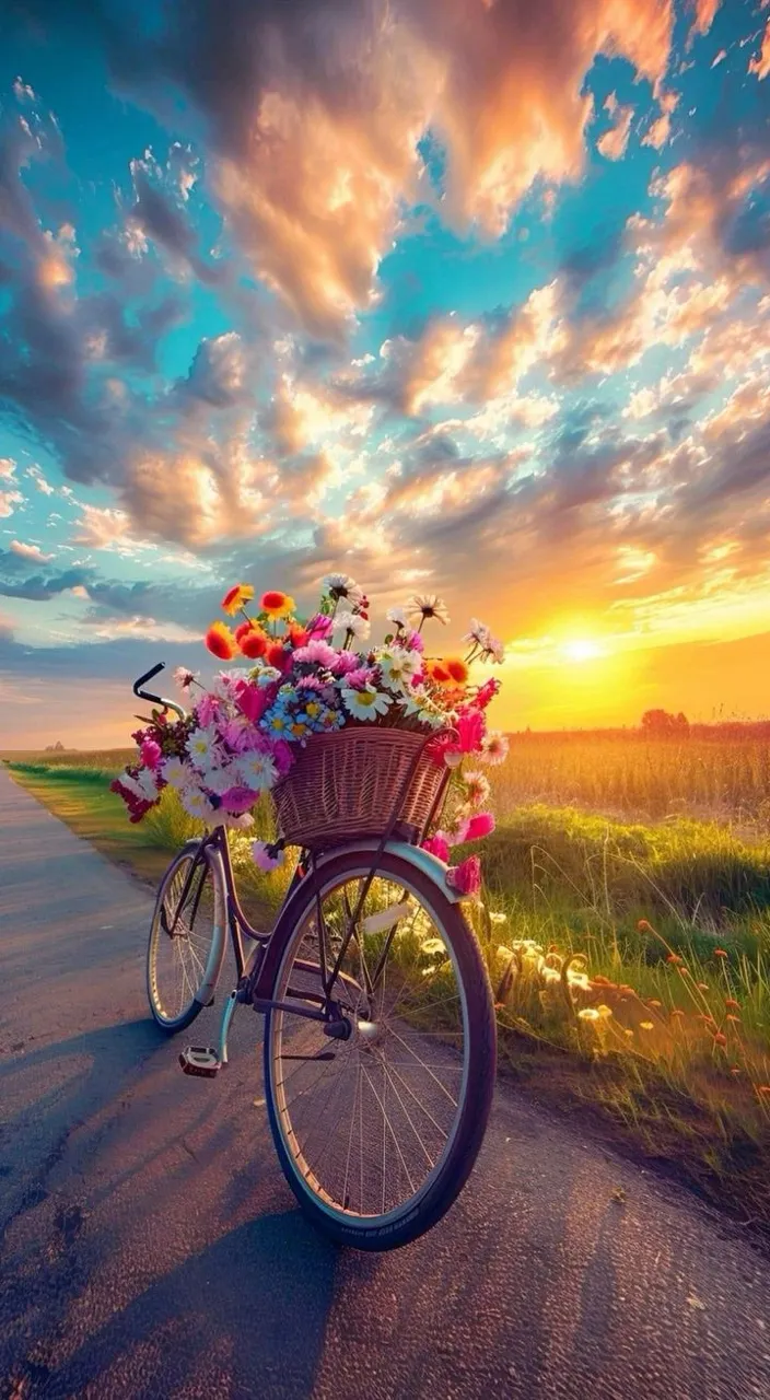 a bicycle with a basket full of flowers on the side of a road