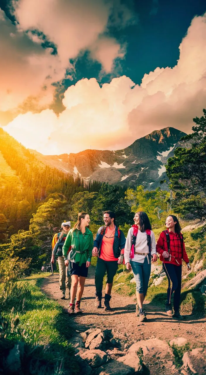 a group of people hiking up a trail