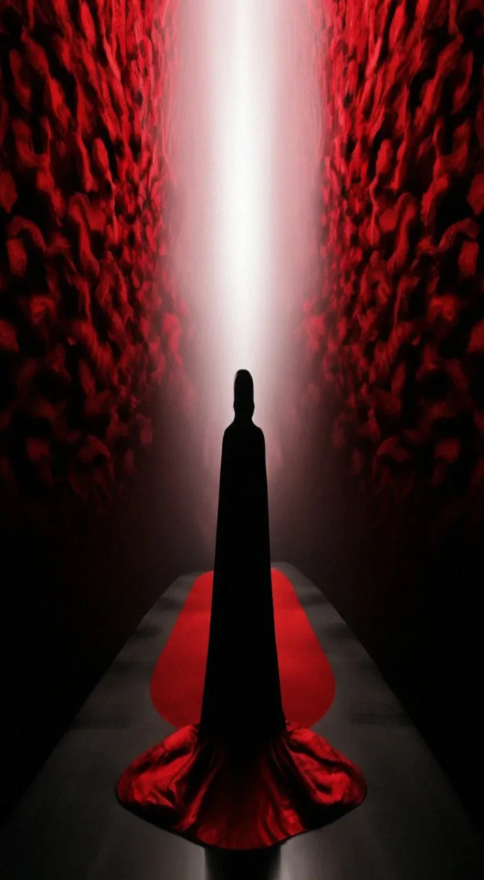 a person standing in front of a red curtain