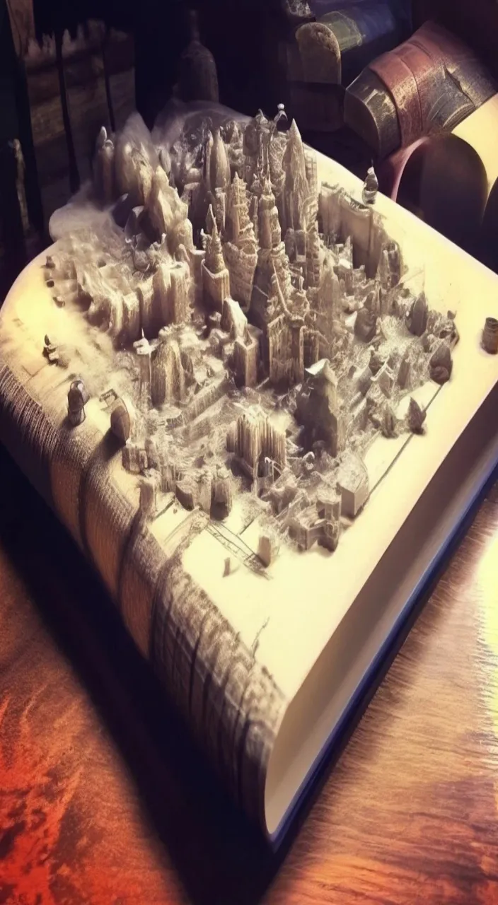 a book with a model of a city on top of it