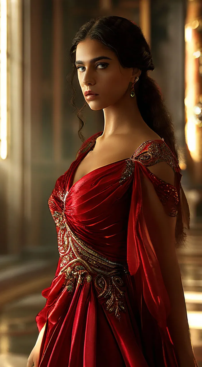 a woman in a red dress standing in a hallway