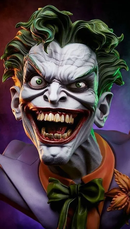 a close up of a joker mask with green hair