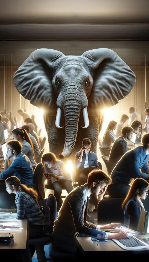 a group of people sitting at desks in front of an elephant