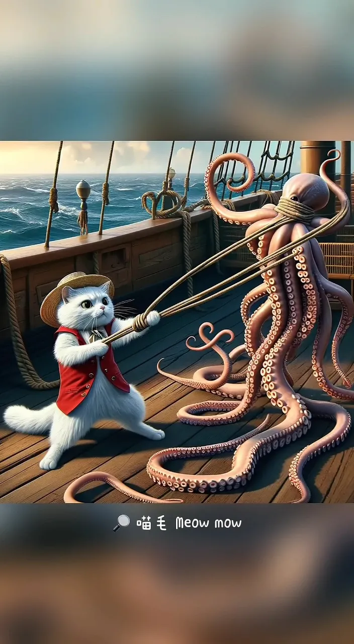 an octopus and a cat on a ship