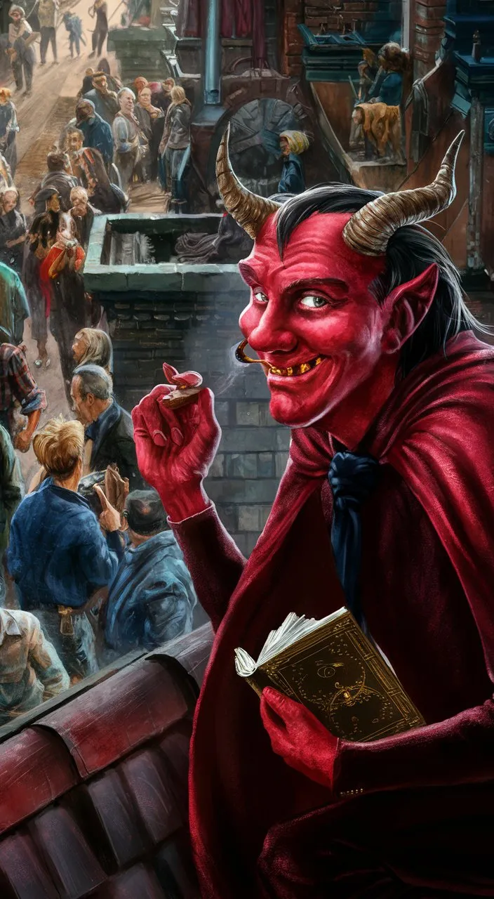 a painting of a devil with a book in his hand