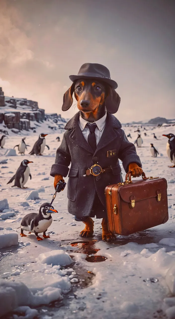 a dachshund dressed in a suit and hat with a suitcase and penguins