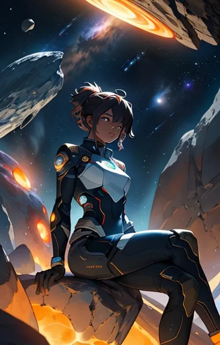 a woman sitting on top of a rock in front of a space filled with planets