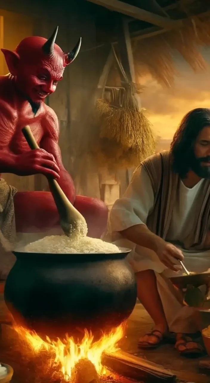 a painting of jesus stirring a pot of food