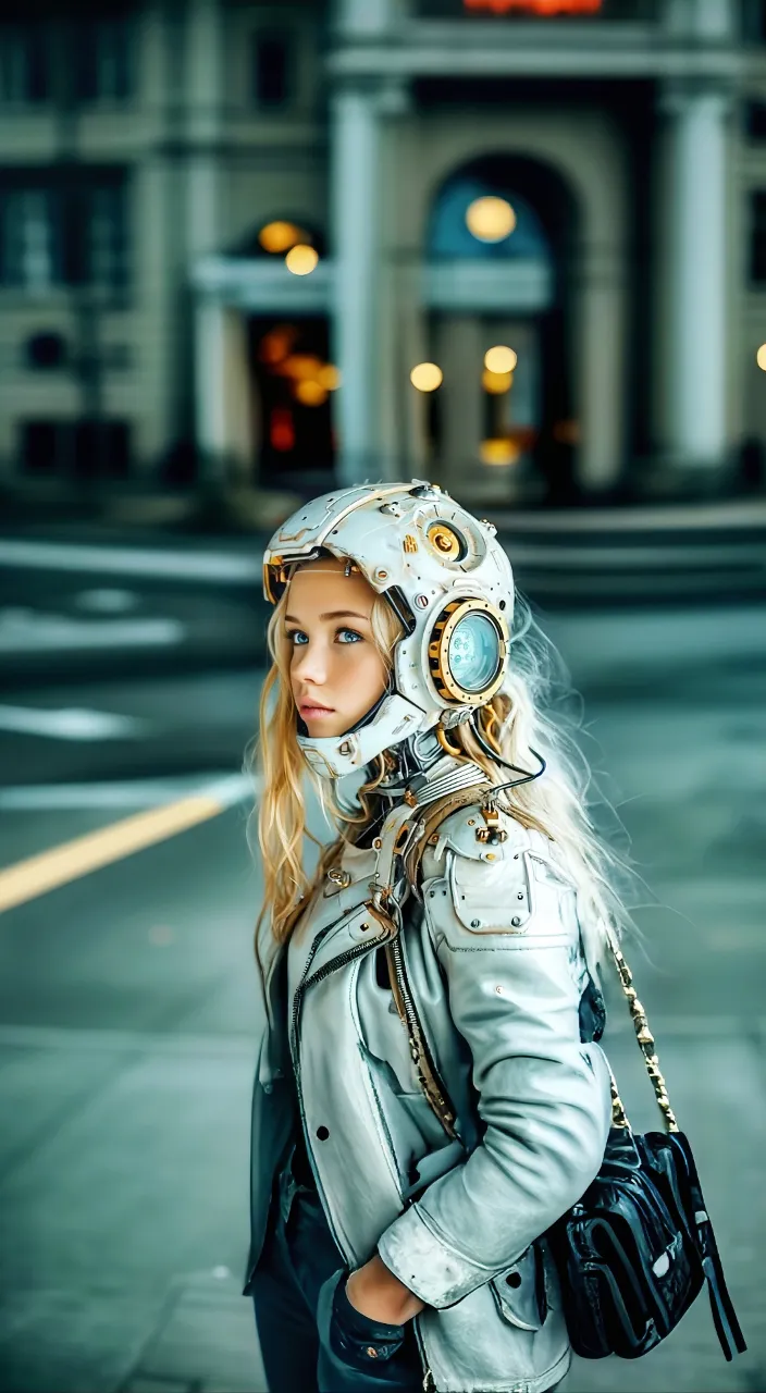 a woman wearing a white jacket and a white helmet