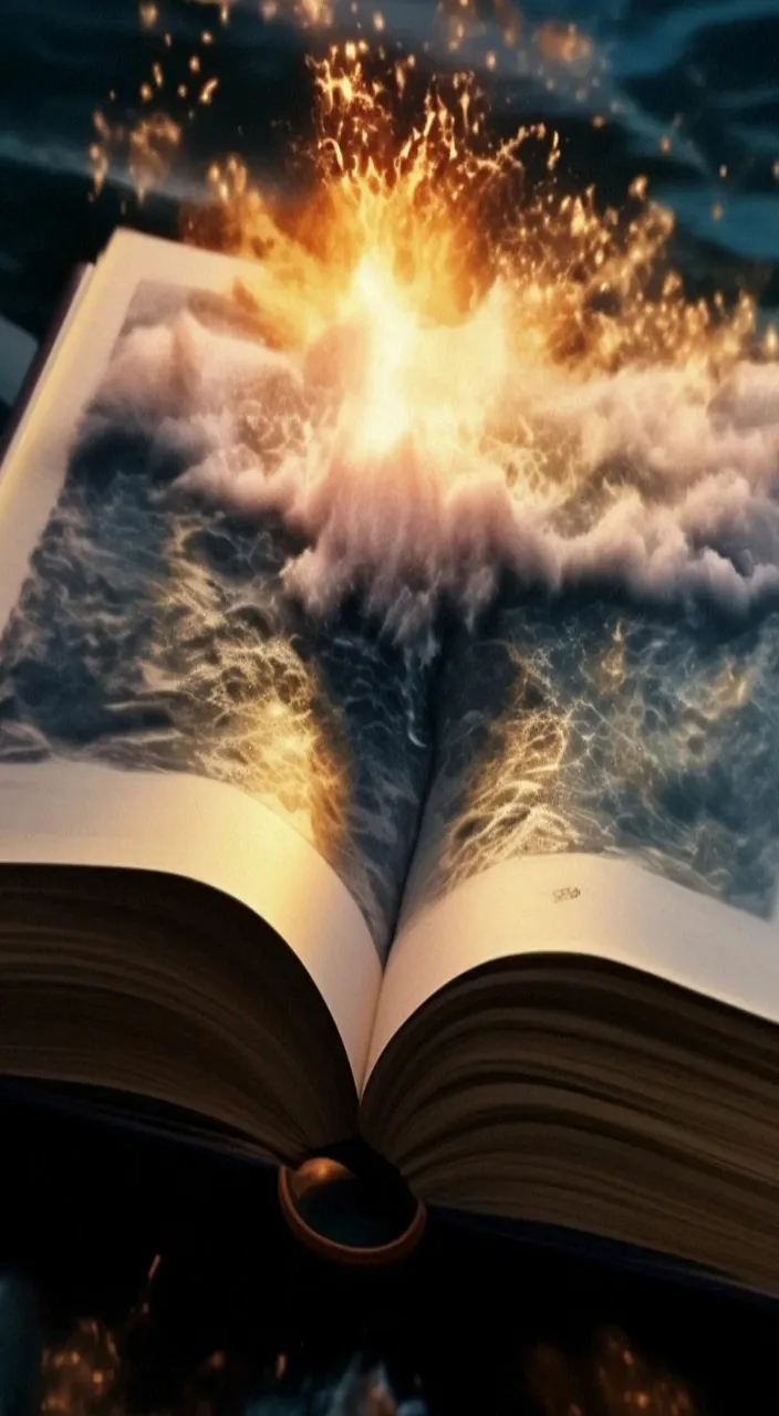 an open book with a picture of a wave coming out of it