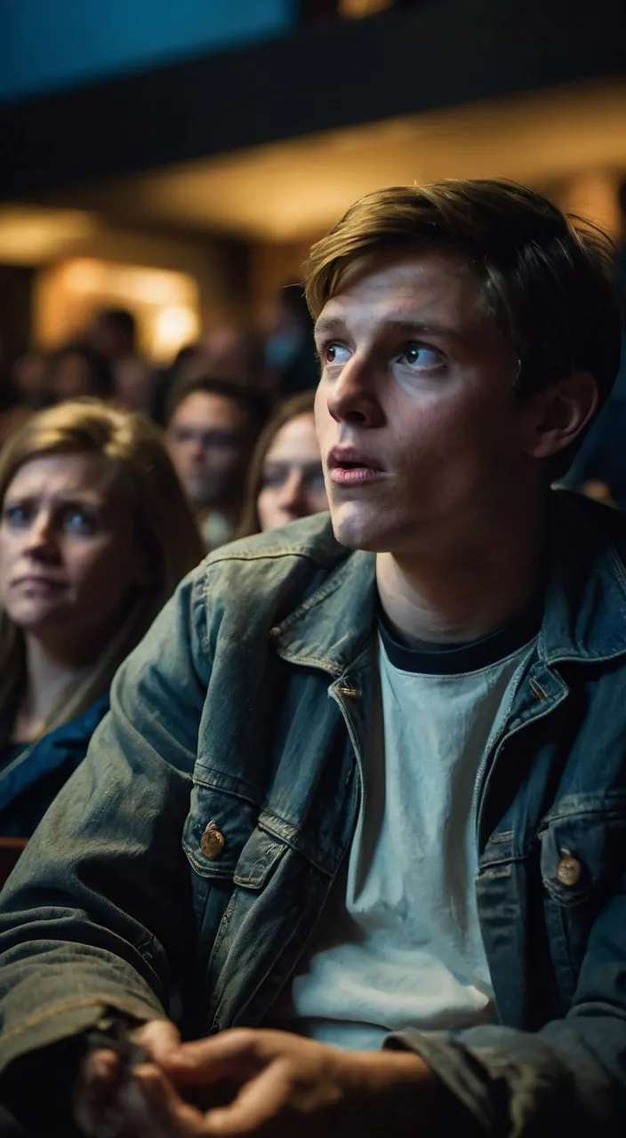 a man sitting in front of a crowd of people moves hair and lips