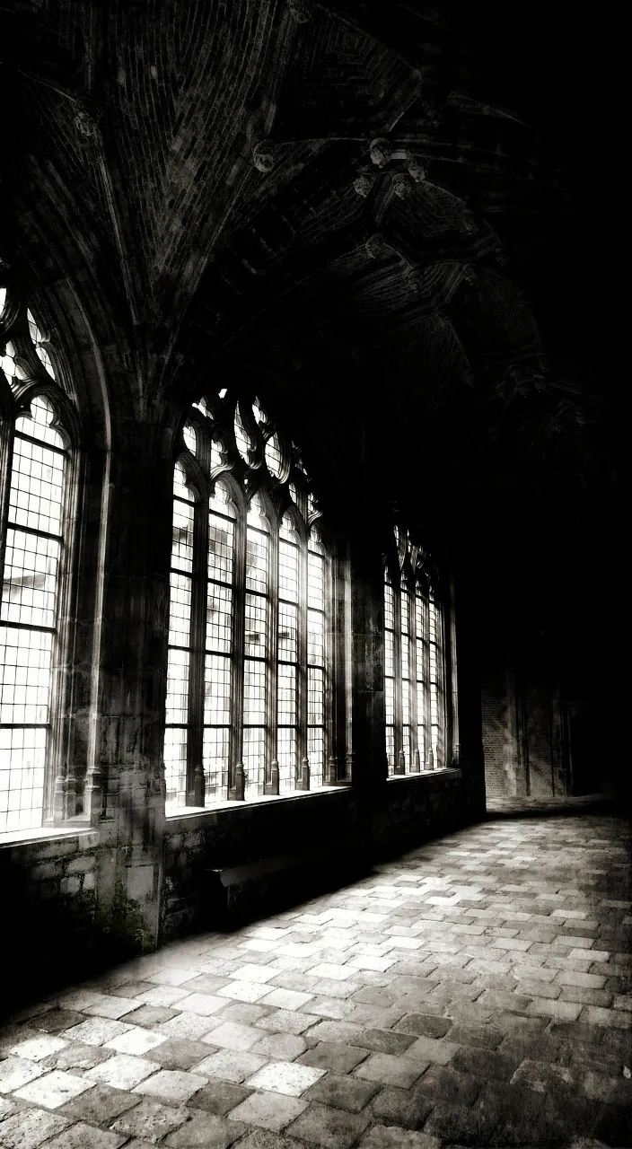 Dramatic black and white photo of arched church window, casting geometric pattern on a stone floor