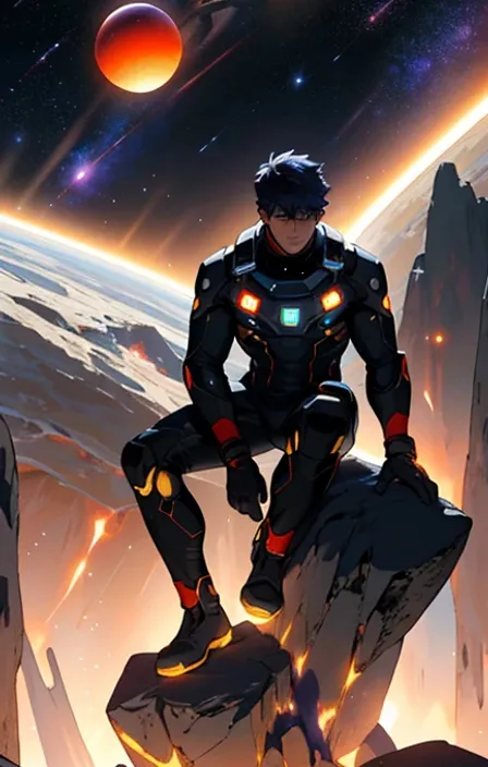 a man sitting on top of a rock in front of a planet