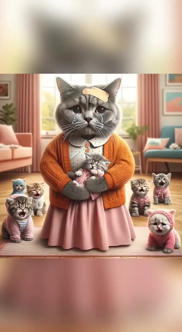 a painting of a cat in a sweater surrounded by kittens