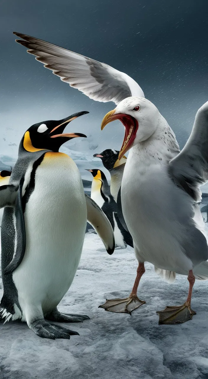 a group of birds standing on top of snow covered ground