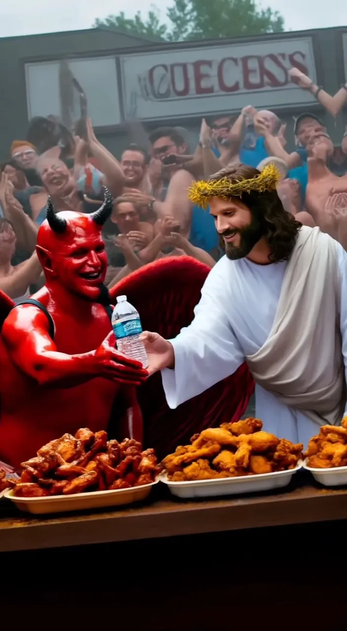 a man dressed as a devil handing food to a man dressed as a devil