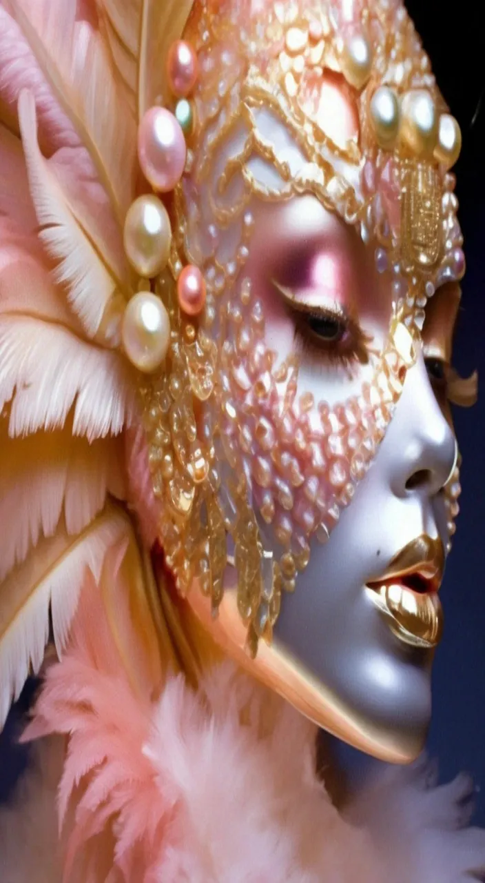 a close up of a person wearing a mask with feathers