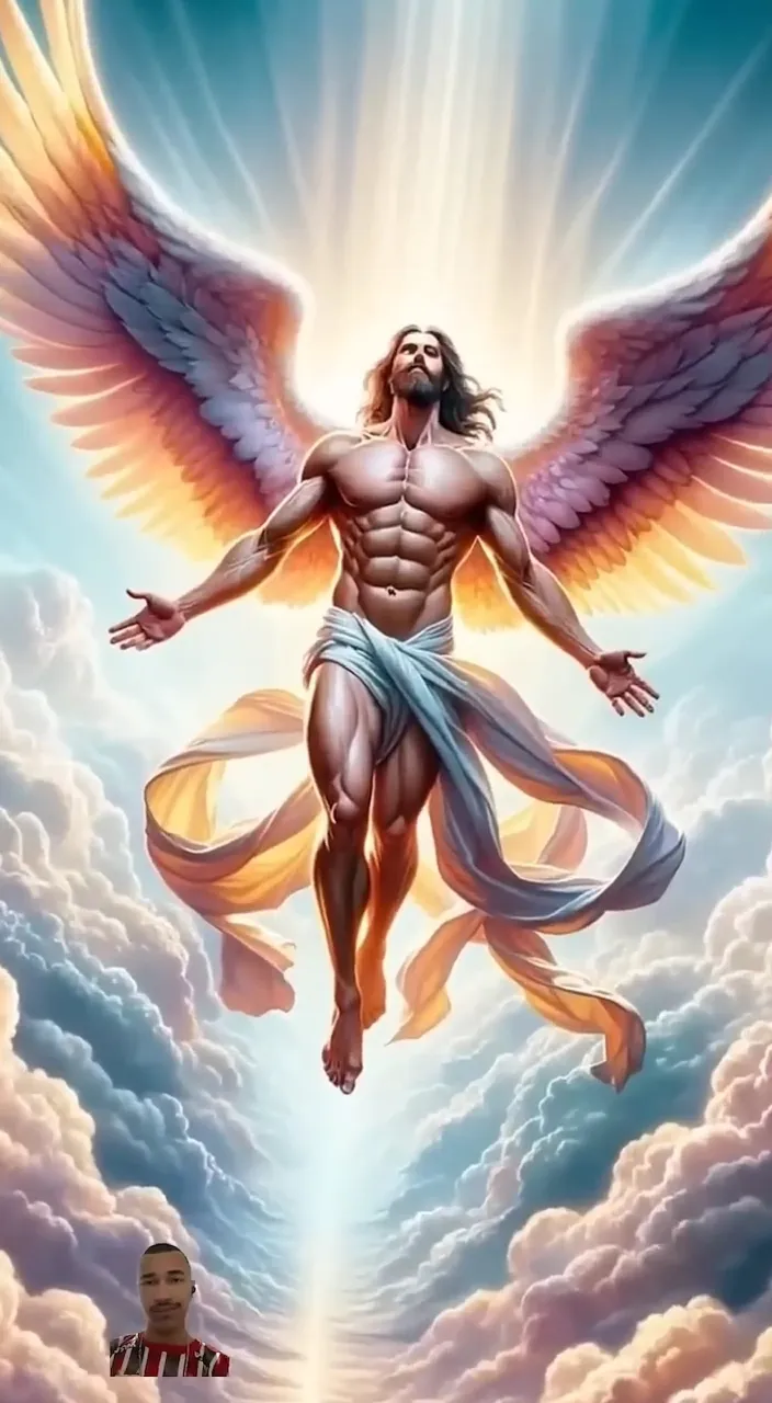 a painting of a man with angel wings in the sky