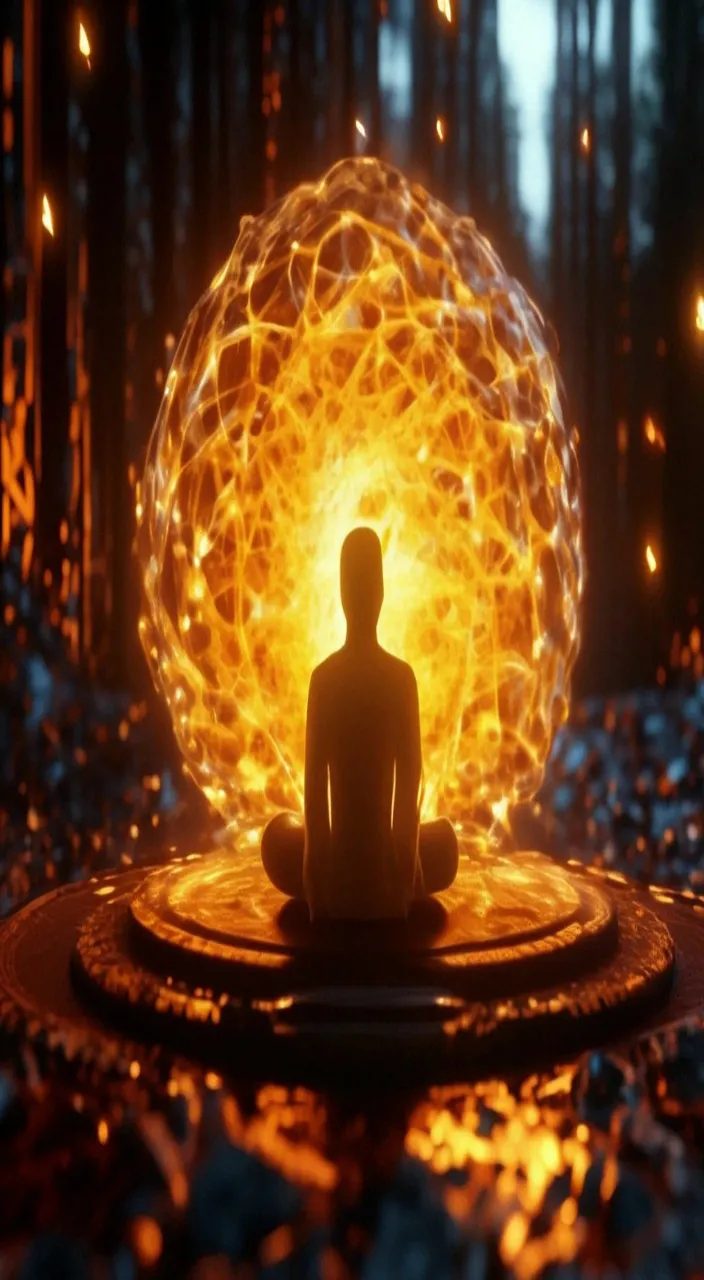 a person sitting in front of a ball of fire