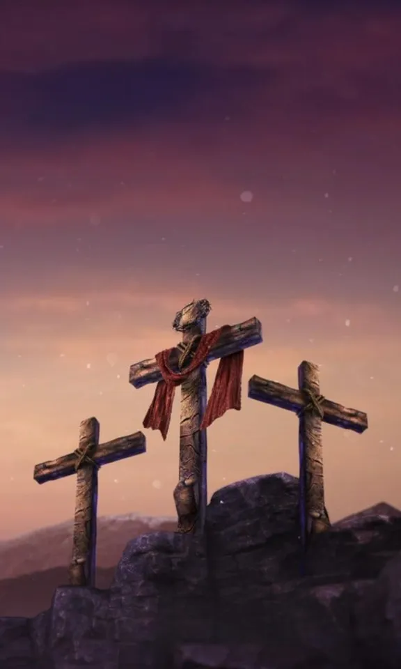 three crosses on a hill with a sky background