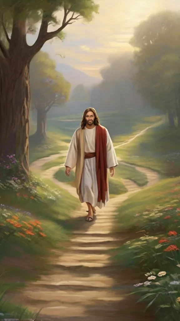 a painting of jesus walking down a path