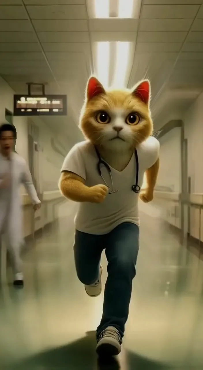 a cat is running down a hospital hallway