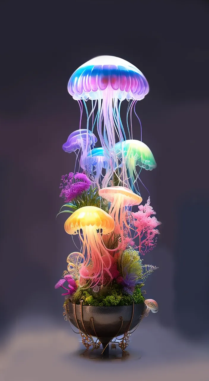 a group of jellyfish floating in a bowl filled with plants