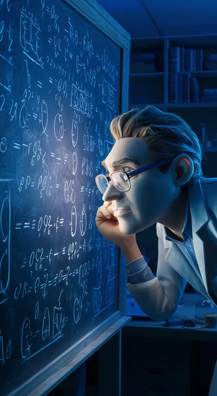 a cartoon character leaning on a blackboard with a lot of calculations on it